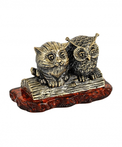 Cat Timka and Owl Ulya on a log BNQYPM